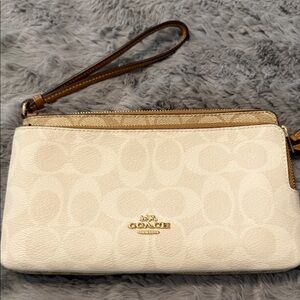Coach Signature Canvas Wristlet | Beige and Gold Zip Pouch